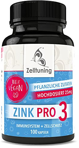 Zink 25mg - 3 Premium Zink hochdosiert Verbindungen - Zink-glycinat, Zink-methionin, Zinc-gluconat, Vegan - Rein, ohne Zusatzstoffe - Zink-hochdosiert Nahrungsergänzungsmittel von Zelltuning