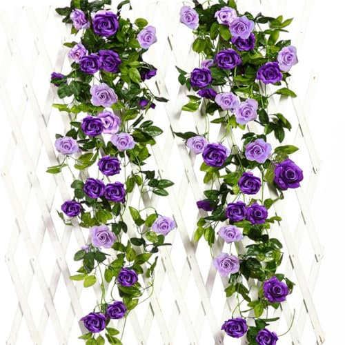 JUSTOYOU 2pcs 7.8FT zweifarbige künstliche gefälschte Rosengirlande Wein hängen Seide Blume künstliche Blume für Außen- und Innenhochzeit Wand schlechte Dekoration (Lila)
