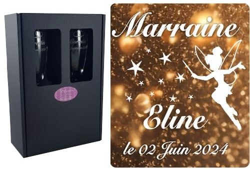 2 Flûtes à Champagne Gravées Modèle Fée avec Boîte Cadeau - Cadeau Parrain ou Marraine – Verre de Baptême Communion – Coupe de Champagne personnalisée (demande annonce naisance) – Fée Clochette Disney