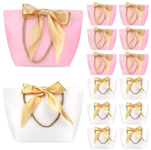 PHOGARY 12 Geschenktüten - Geschenkbeutel aus Papier mit Bogen Band, Elegant papiertüten für Geburtstag, Hochzeit, Abschluss-Feier, DIY geschenktüten (6 Stck Rosa & 6 Stck Weiß, 28x20x9cm)
