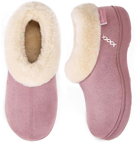 EverFoams Ladies' Micro Suede Memory Foam Slippers with Fluffy Faux Fur Collar and Indoor Outdoor Rubber Sole Pink, Size 9-10 UK