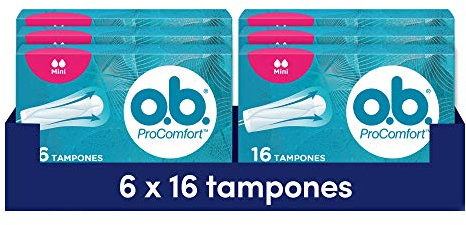 o.b. Assorbenti Interni ProComfort Mini, Assorbenti facili da applicare e rimuovere ottimi per flusso leggero e primo utilizzo, Tamponi interni con trama assorbente, 6 confezioni da 16 pezzi