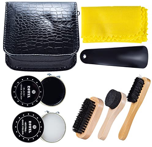 YUET Shoe Polish Kit Cleaning Shine Care Barrel Set For Brown Black Leather With Brush Travel Case Luxury Premium Soft Horsehair Bristle Dauber, Wooden Applicator, Shoehorn, Cloth 8 Piece