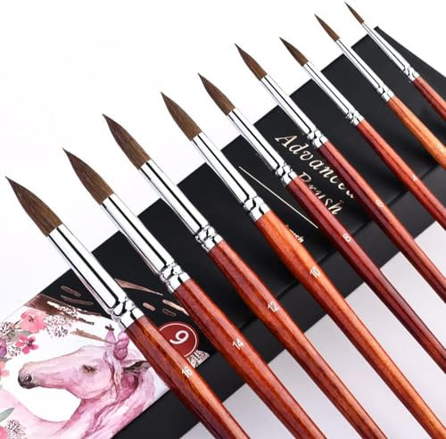 Kolinsky Watercolor Brushes Set 9 Pcs Superior Sable Hair Round Pointed Professional Art Paintbrush Round Tip Paint Brush Kit for Watercolor Acrylic Inks Gouache Tempera Painting