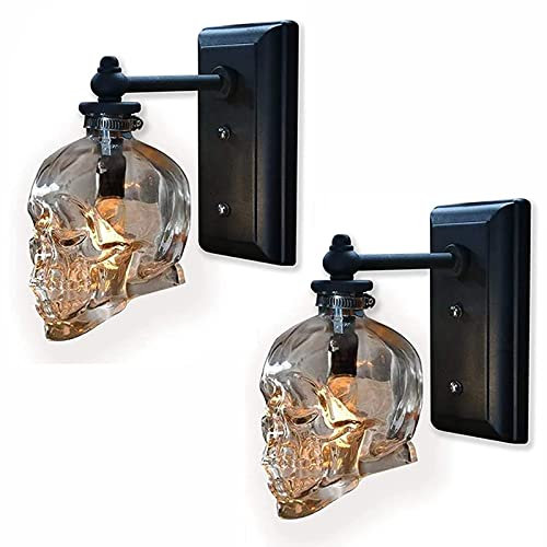 Schwarz Vintage Wandleuchte Innen Retro LED Schädel Lampe Wandlampe Badezimmer Ndustrielampe Kristallglas Totenkopf Lampe E14 Glas Wandbeleuchtung für Party Bar Restaurant Korridor Loft Deko, 2 Stück