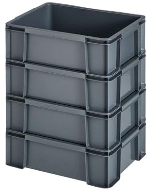 SUNDIS Master Box, lot de 4 bacs de rangement 9L en plastique recyclé, robustes et renforcés, parois droites, superposables et combinables, idéals pour l’atelier, le bricolage ou le transport