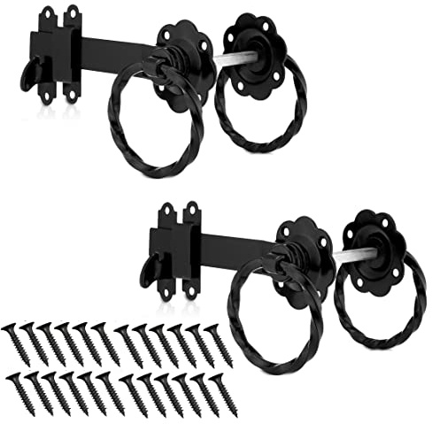 TERF® Heavy Duty Antique Black Twisted Ring Gate Latch Door Lock Ring Handle Garden Gate Door Latch Catch Lock - Weather Protection for External Doors Gate Shed Lock with Fixing Screw - Pack of 2