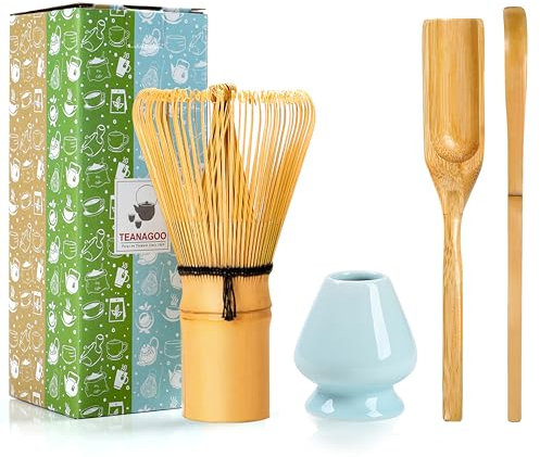TEANAGOO Matcha Set| MatchaBesen| matcha zubehör,Matcha Schneebesen (Chasen), Bambusschaufel (Chashaku), Teelöffel, blauer Celadon-Besenhalter,TG-I2, Das perfekte Set für die Zubereitung einer