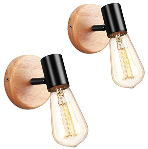 LIGKIN 2 Stück Wandleuchte Innen Metall E27 Wandlampen Industrial Vintage Wandlampen Drehbar Holz für Wohnzimmer, Schlafzimmer, Küche und Bad