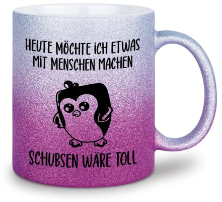 glitzertassen.de® | Heute möchte ich etwas mit Menschen machen | Tasse mit Glitzer | Geschenkidee | Pinguin | Silberviolett