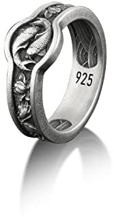 BySilverStone Jewelry Koi-Fisch Und Lotus-Herren-Naturring, Tier- Und Botanikring Aus Sterlingsilber, Floraler Ehering Für Männer, Fische-Schmuck, Fische-Geschenk