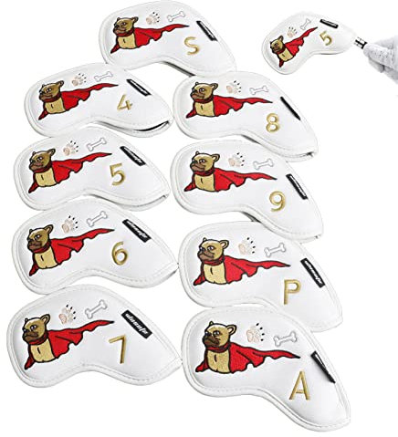 Wontool Golfkopfhaube - 9 Stück Golfschlägerhauben Tier | Französischer Kampfhund Muster PU-Leder Lin rechts Schwarze Eisenabdeckungen Headcover für Golfausrüstung