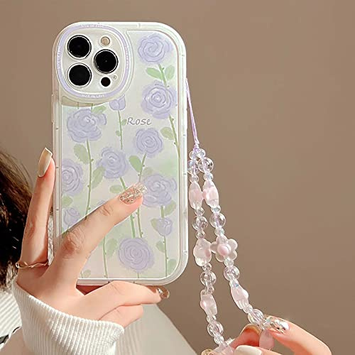 Bakicey Handyhülle für iPhone XS Hülle mit Perlenkette Aesthetic Rose Blumen Schutzhülle Transparent TPU Frauen Mädchen Glitzer Kristal Case mit Süßes Chain für iPhone XS, Lila