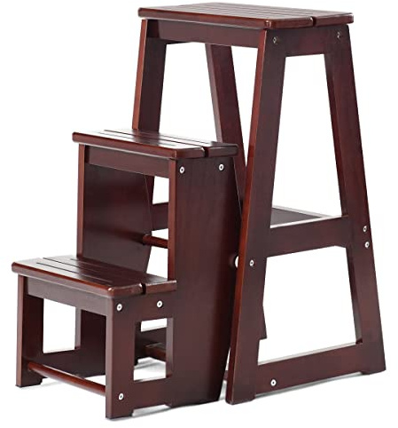 GYMAX Sgabello a Scala Pieghevole a 3 Gradini, in Legno di Pino, Multiuso e Pratico, Portata di 150 kg, 58 x 38,5 x 65 cm (NOCE)
