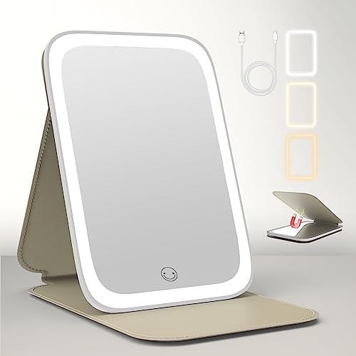tekstap Portable Travel Light Up Mirror with Leather Cover, 3 Color Mode Dimmable Vanity Mirror, USB-C Rechargeable for Travel/Dressing Table/Gifts