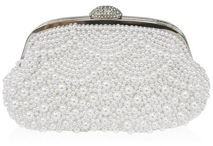 Aovtero Pearl Clutch, Brauttasche, Geldbörse, Damen, Hochzeit, Abschlussball, Abendtasche, formelle Handtasche mit Perlen und Kette, Weiss/opulenter Garten, Small