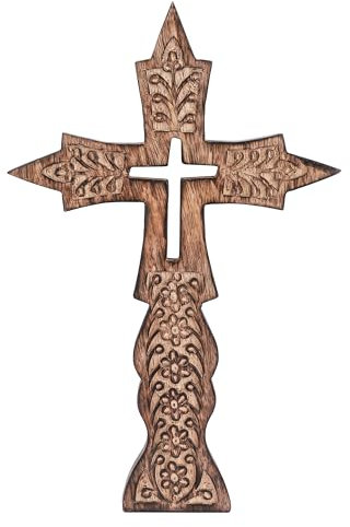 Ajuny Dekoratives handgefertigtes Wandkreuz aus Holz mit braunem Blumenblatt-Design, christliches Wandkreuz aus Holz, katholisch für Zuhause, Büro, Kirche, Dekoration, religiöse Geschenke, 30 x 20 cm