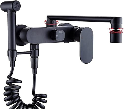JQFDD Miscelatore Rubinetto Cucina a Muro con Doccetta Estraibile Bagliore Miscelatore Lavello Cucina Girevole a 360 °Rubinetti da Muro Rubinetto a Muro Miscelatore-Black-A._20 Cm.