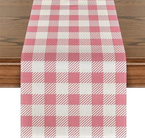 Treer Chemin de Table Vintage Plaid, Chemin de Table en Lin avec Motif à Carreaux, Facile d'entretien Lavable Décoration de Table à Manger pour Maison, Cuisine, Fêtes (33×180cm,Rose Blanc)