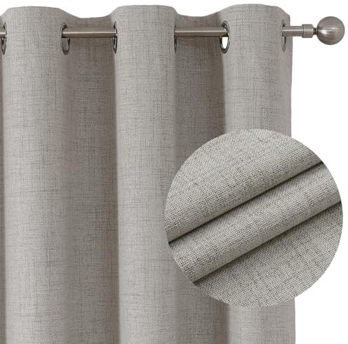 Joydeco 100% Rideau Occultant Thermique Isolant Anti Froid et Chaleur 132x137cm - Lot de 2, Rideaux Opaques Effet Lin à Oeillets Anti UV Anti Bruit, Decoration Chambre Maison Salon - Gris Blanc