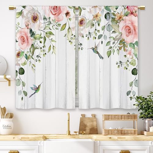 Laifzere Küchenvorhänge mit rosa Blumen im Landhausstil, Blätter, Rose, kleine kurze Café-Fenstervorhänge, Kolibri, Holz-Scheune, Badezimmer-Vorhänge, Stufengardinen, 2-teilig (70 x 99 cm)