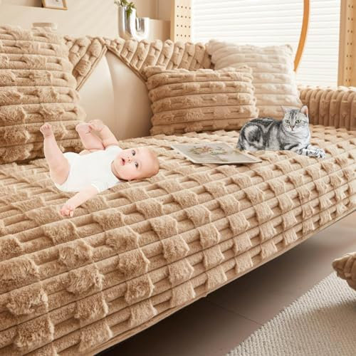 Super Soft Puffy Plush Non-Slip Sofa Cushion Cover,Thick Rabbit Plush Sofa Cushion,Non Slip Couch Cover Plush,Soft Fluffy Plush Couch Cover (Khaki,30 * 50CM Pillow Cover)
