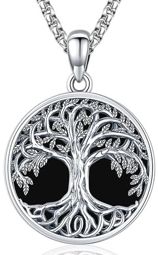 Baum des Lebens Kette 925 Sterling Silber Keltische Lebensbaum Anhänger Halskette Schwarze Onyx Kette Schmuck Geschenk für Damen Mädchen (Lebensbaum-A-3)