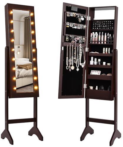 HOMASIS Schmuckschrank mit Ganzkörperspiegel, Spiegel mit LED-Leuchten, Schmuckregal mit großem Stauraum, Schmuckständer für Kette, Ohrringe, Ringe & Kosmetika (Braun)
