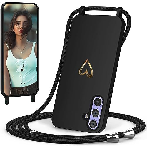 CaseLover Handyband für Samsung Galaxy A55 5G Hülle mit Band, Herz Muster Silikon Necklace Handyhülle mit Abnehmbar Kordel zum Umhängen Stossfest Bumper Handy Schutzhülle für Samsung A55, Schwarz