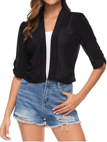 Famrrifuu Femme Boléro Court Gilet Léger Demi-Manches Boléro Cardigan Élégant Ouverte Veste Courte Mousseline de Soie