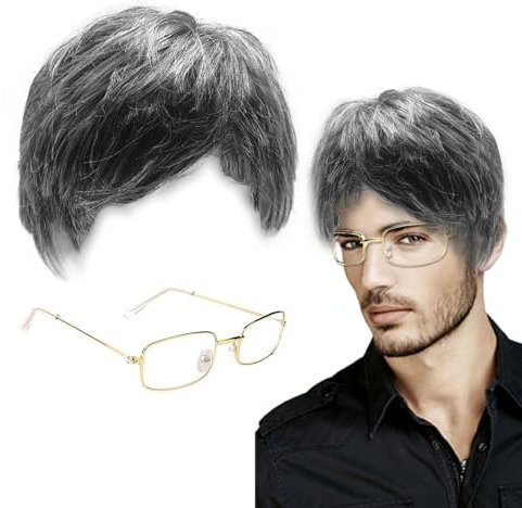 XNIVUIS 2 Stück Herren Perücken Brille Set, Opa Perücken Old Man Perücken Dunkelgraue Perücke Opa Zubehör Opa Kostüm Zubehör Kostümperücken für Halloween Karneval Partys Cosplay (Set B)