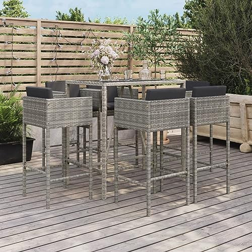 Rantry 7-TLG. Gartenbar-Set mit Kissen Theke Gartentheke Bar Tresen Stehtisch Bartisch Barhocker Barstuhl Sitzgarnitur Gartengarnitur Möbel Gartenmöbel Grau Poly Rattan #1