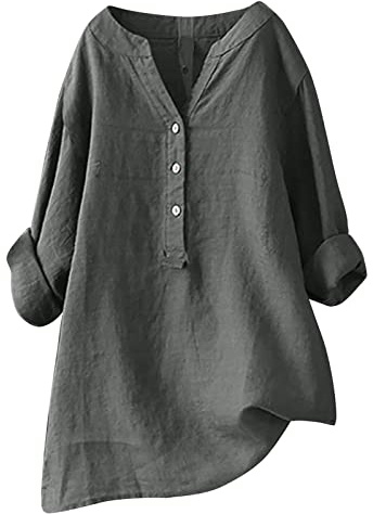 Summer Cotton Linen Tops for Women UK, Womens Casual 3/4 Sleeve Buttons V Neck Loose Blouse Dressy Ligntweight Plus Size Shirts Oversized Tees Dressy Blouses Office Work Blouse Gray