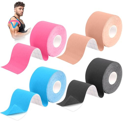 4 Rollen Kinesiotapes, 5m x 5cm Sport Tapes, Wasserfeste Kinesiotape für Sport, Selbstklebender Bandage, Hautfreundliche Tapes für Knie, Schulter und Ellenbogen