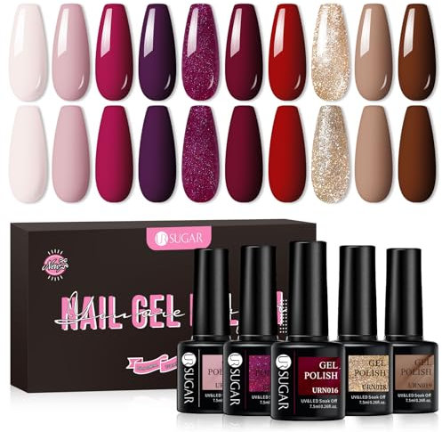 UR SUGAR Gel Nail Polish 10 Colours Valentine's Purple Red Brown Light Pink Red Rose Gold Glitter Gel Polish Sets Soak Off Gel Nail Varnish Gifts for Women DIY Home