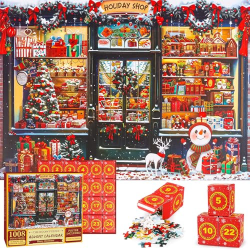 Jigsaw Advent Calendar 2024, Christmas Jigsaw Puzzle, Advent Calendar Jigsaw Puzzle 1008 Pieces, 24 Days Countdown Christmas Advent Calendar Puzzle for Kids Adults Christmas Theme Puzzles Gift