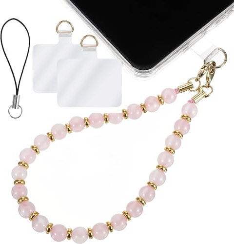 AOZUO Marble Beaded Phone Wrist Strap, Pink Hands-Free Wristlet Bracelet with 2 Tether Tab Phone Charm Compatible with Most Phones