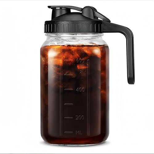 Glass Mason Jar Pitcher, Glass jar with flip Cover and Pouring Port, Mason Jar Pour Spout Lid -Glass Pitcher Seal for Juice Milk Coffee Tea Lemonade, Drink(1pc) (Black)