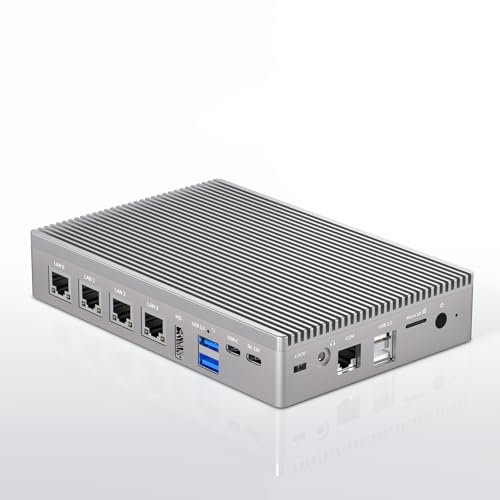 HEIGAOLAPC Fanless Mini PC, Micro Firewall Appliance 12th N100(3.4 GHz) 8GB RAM 128GB eMMC, Full-Functional USB-C Mini Computer, Mini Server, 4 Lan 2.5GbE Dual Display 4K 60Hz, WiFi BT 5.2