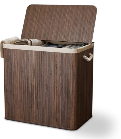 Juskys Bambus Wäschekorb Curly Braun 150L - Hygienischer Wäschekorb mit Deckel, Tragegriff & Wäschesack - 3 Fächer - Natürliche Bambus Optik