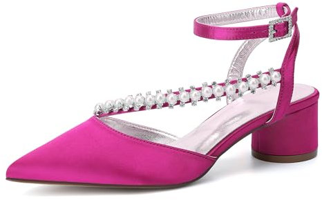 GHSIRUEU - Tobillo para mujer, 4,5 cm, bloque de tacón puntiagudo, zapatos de novia de raso perla para bodas y fiestas, fucsia, 42 EU