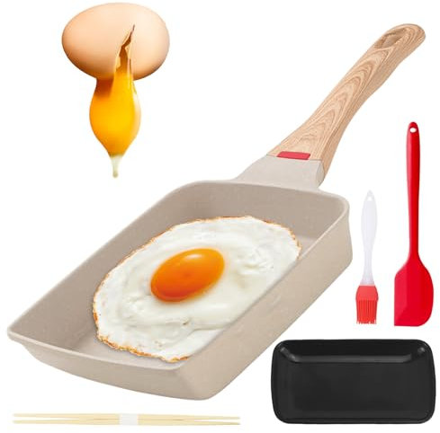 Tamagoyaki Sartén: antiadherente omletten, sartén japonesa para tortilla con mango de madera aislada, sartén rectangular japonesa para todo tipo de cocinas, huevos revueltos sartén antiadherente para