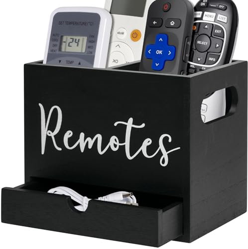 Remote Control Holder, Wooden Tv Remote Holder, Desk Organizer with 2 Compartment and Drawers for TV & Office Supplies, Ideal for Tabletop (Black)