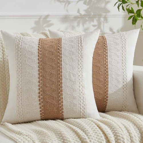Jayusaror Kissenbezug 45x45 Braun Boho Makramee Baumwolle Leinen Kissenbezüge Sofakissen Dekorative Bauernhaus Kissenhüllen Dekokissen Kissen Modern Zierkissenbezug für Sofa Wohnzimmer 2er Set