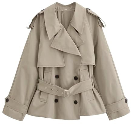 Pohullan Kurzer Trenchcoat für Damen, Revers, Schnalle, Dekoration mit Gürtel, zweireihig, solide Trenchcoats, khaki, M
