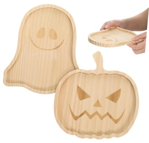TOPPERFUN 2Pcs Halloween Themed Wooden Tray Pumpkin Ghost Serving Dish for Snacks Fruits and Desserts for Home Office and Party Decorations