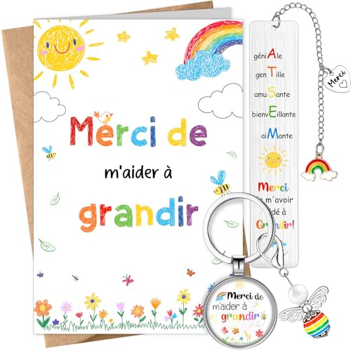 Otuuz 4 Pcs Cadeaux Maîtresse Atsem, Cadeau d'École Fin d'Année pour Creche | Carte Merci de M'aider à Grandir Marque-Page Porte-Clés pour Atsem et Enveloppe Cadeau pour Noël de Professeur Enseignante