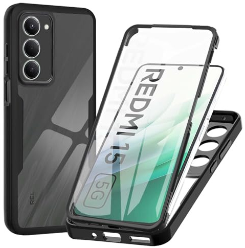 WeiCase Hülle für Xiaomi Redmi 15 4G/5G, Transparent 360 Grad Rundumschutz Schutzhülle mit Integriertem Displayschutz Stoßfest Ultradünn Silikon Handyhülle für Redmi 15 4G, Schwarz