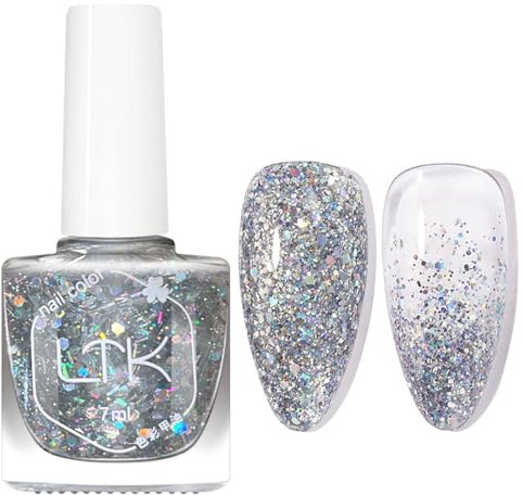 Silver Flash Nagellack Schimmer, Schnelltrocknender Nagellack Langanhaltend, Farblack mit Glitzer, Regular Ungiftiger Nail Polish Ohne UV Lampe für Frauen Nail Art, Quick Dry, 7Ml (Silberblitz)