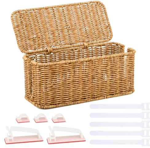CENBEN Handwoven Rattan Cable Management Box,Imitation Rattan Cable Organizer Box With Lid,2 Open Slots Power Strip Organizer Under Desk Cord Organiser to Hide TV Computer Router USB Hub & Power Strip